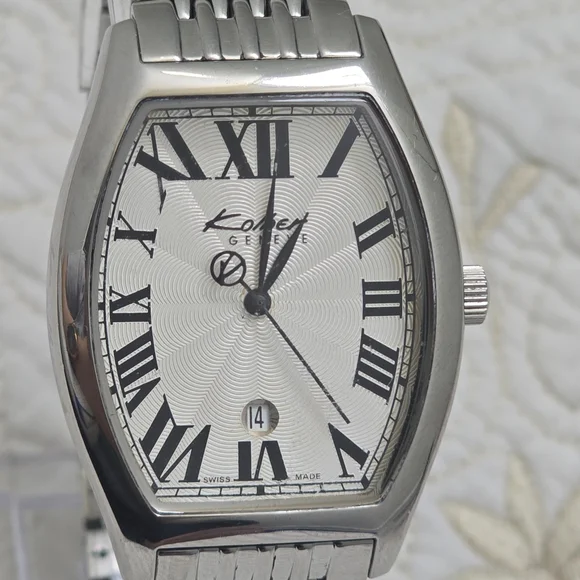VTG Kolber Geneve Tonneau Men's Watch K8420 Silver Large Wrist Quartz Guilloche